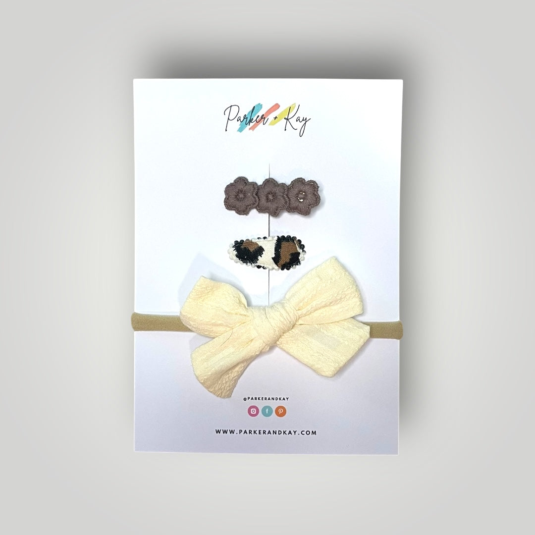 Textured Cotton Bow Headband and Clips Set