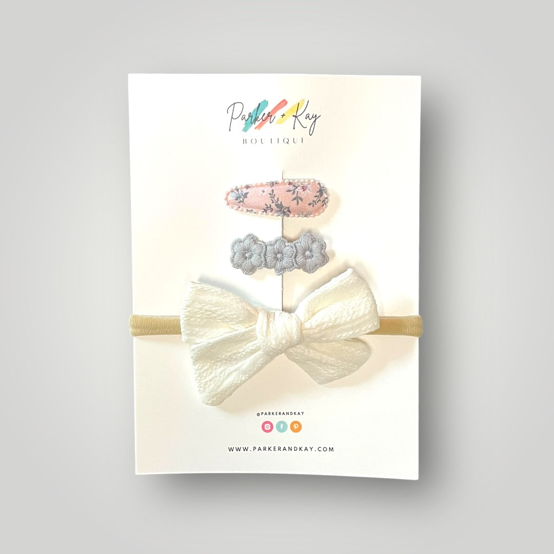 Textured Cotton Bow Headband and Clips Set