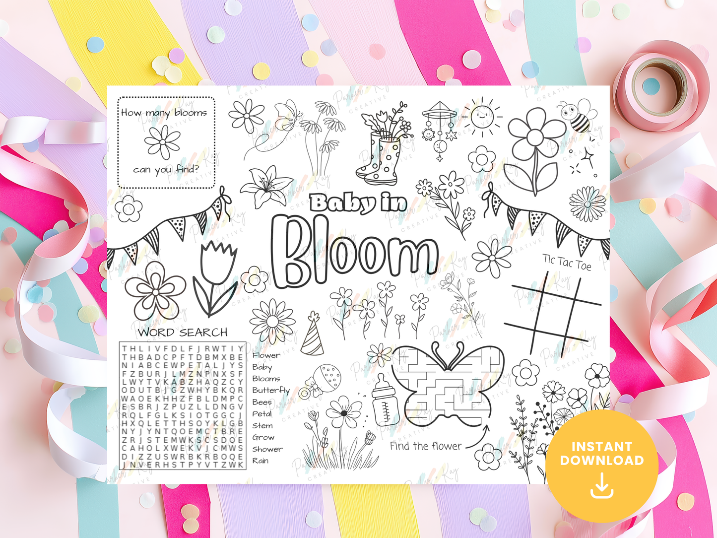Baby in Bloom Baby Shower Activity Sheet for Kids