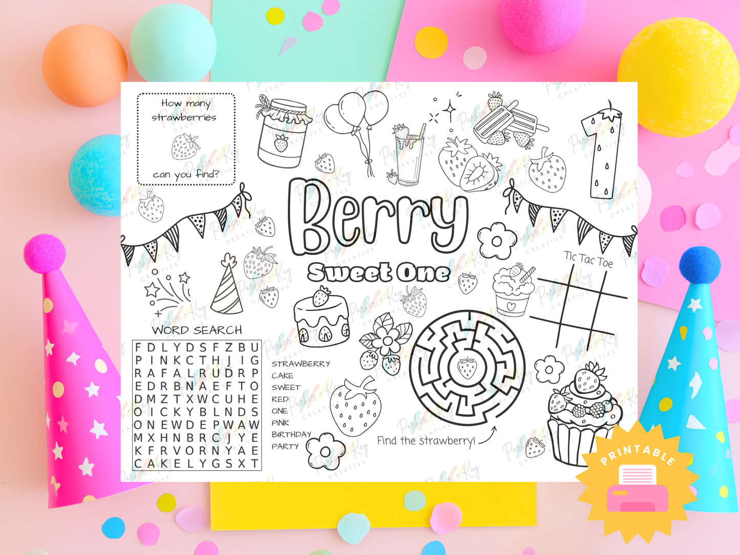Berry Sweet One Birthday Activity Sheet for Kids