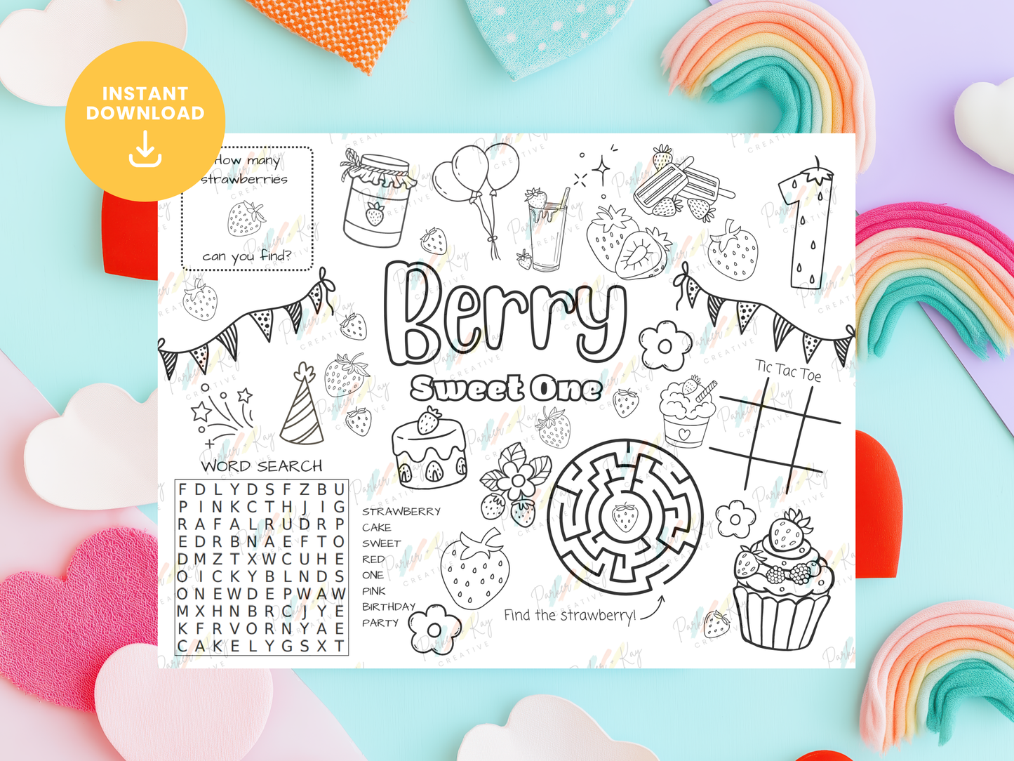Berry Sweet One Birthday Activity Sheet for Kids