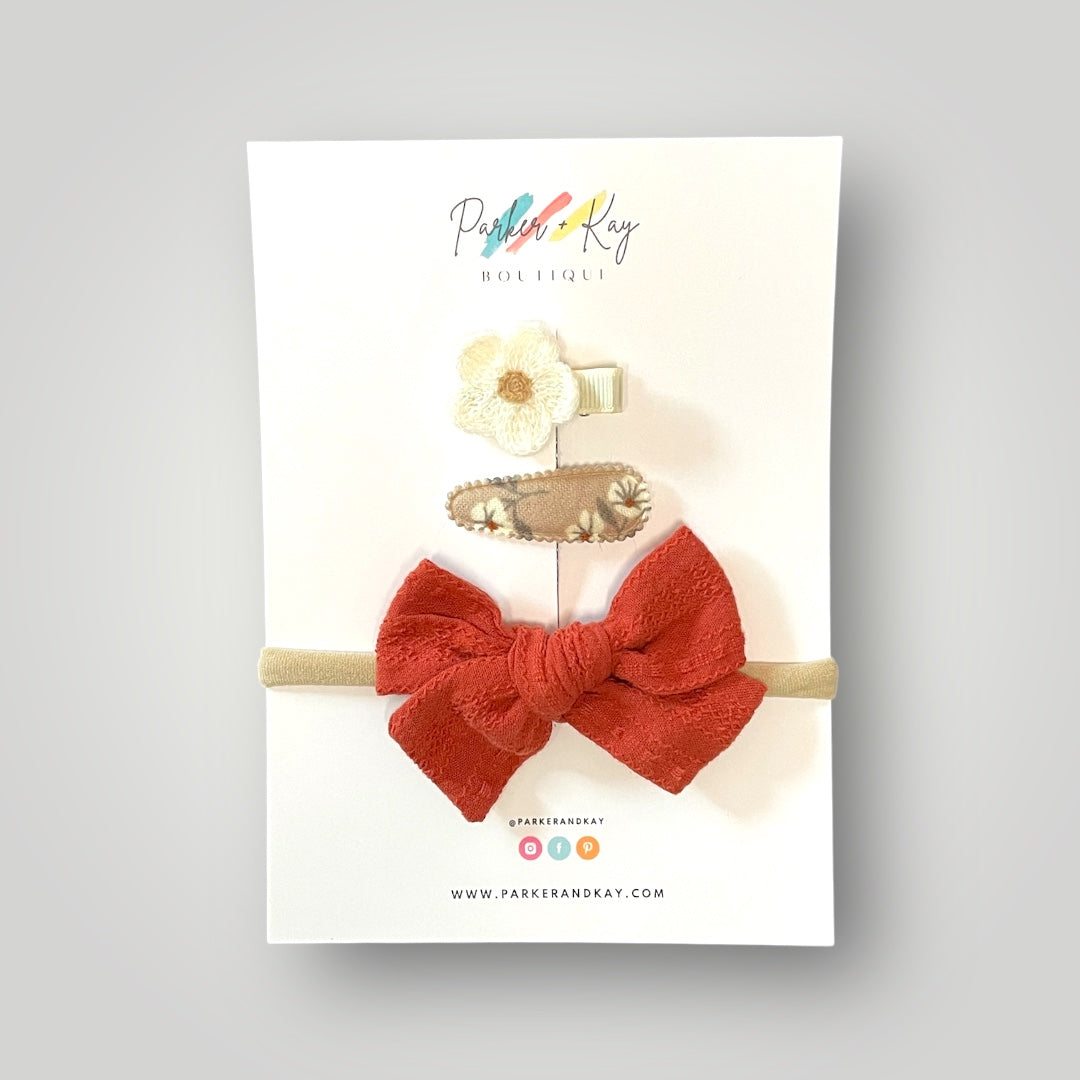 Textured Cotton Bow Headband and Clips Set