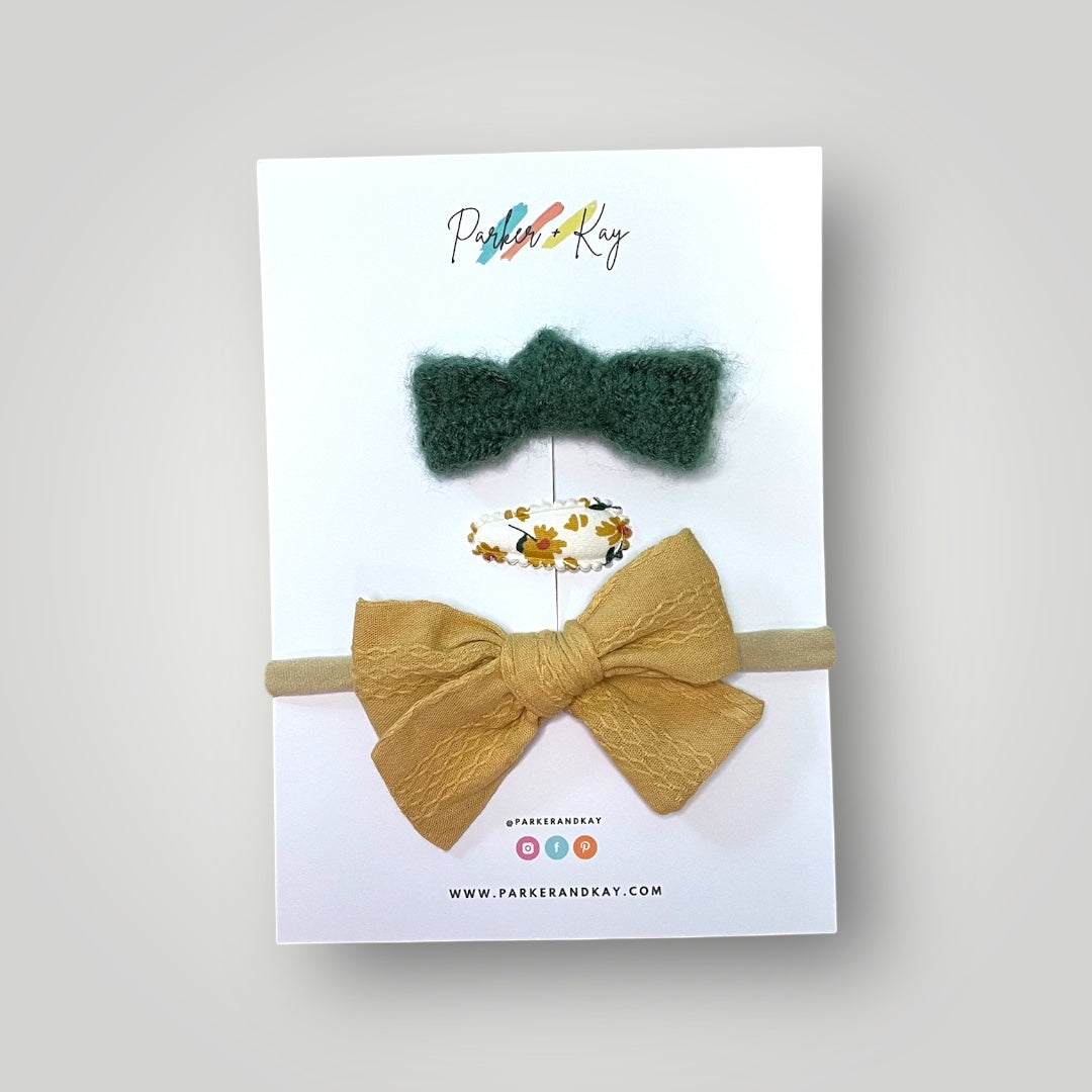 Textured Cotton Bow Headband and Clips Set