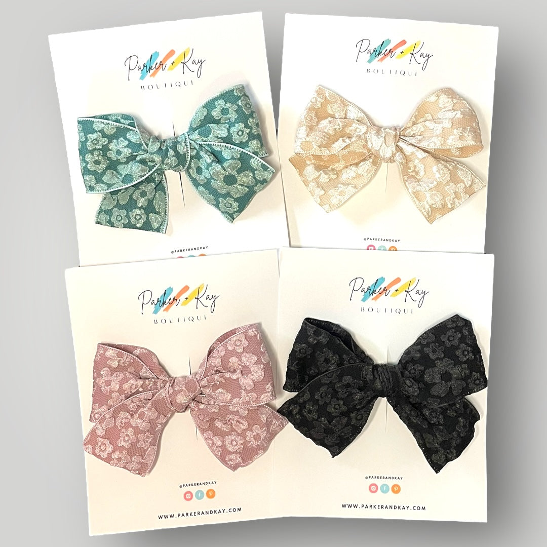 Embossed Floral Hair Bow, 8 Colors