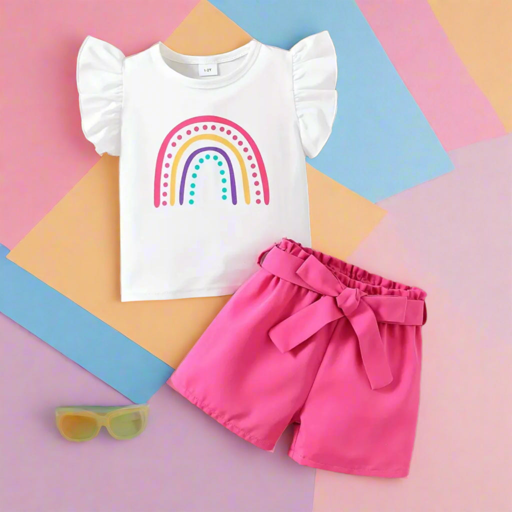 A toddler girl outfit set consisting of a white rainbow print top with ruffle shoulders and pink coordinating shorts with a tie belt and elastic waist.