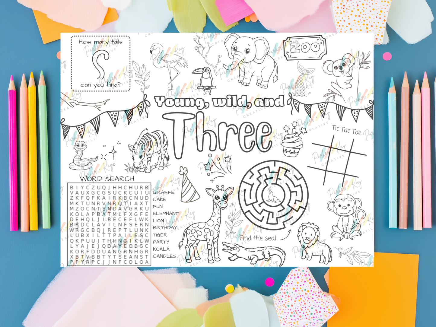 Young, Wild & Three Birthday Activity Sheet for Kids
