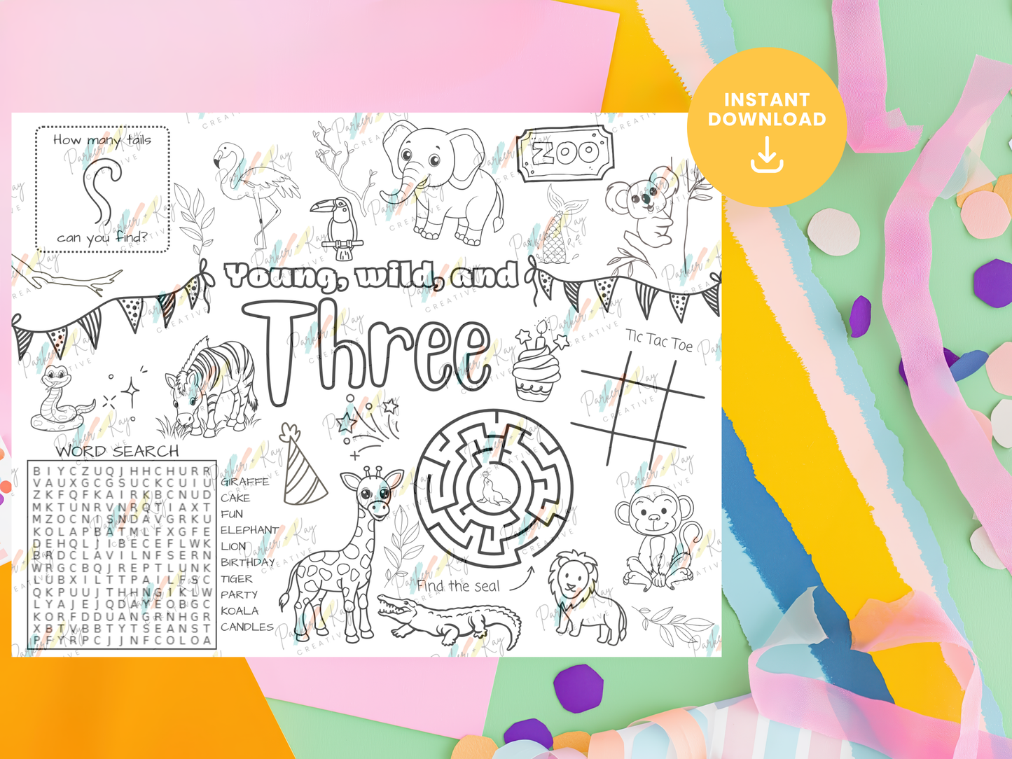 Young, Wild & Three Birthday Activity Sheet for Kids