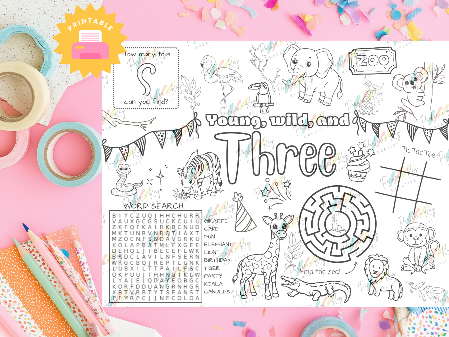 Young, Wild & Three Birthday Activity Sheet for Kids