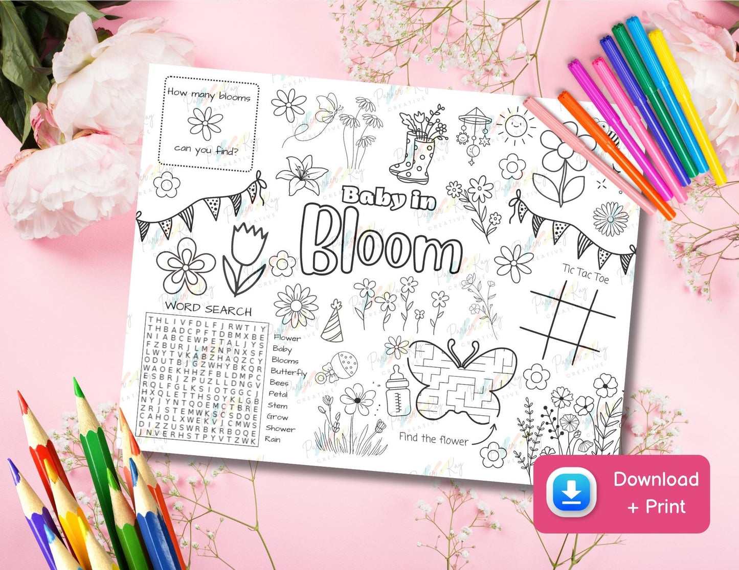 Baby in Bloom Baby Shower Activity Sheet for Kids