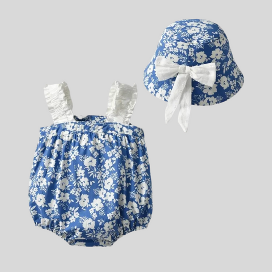 Blue Floral Romper + Hat Set