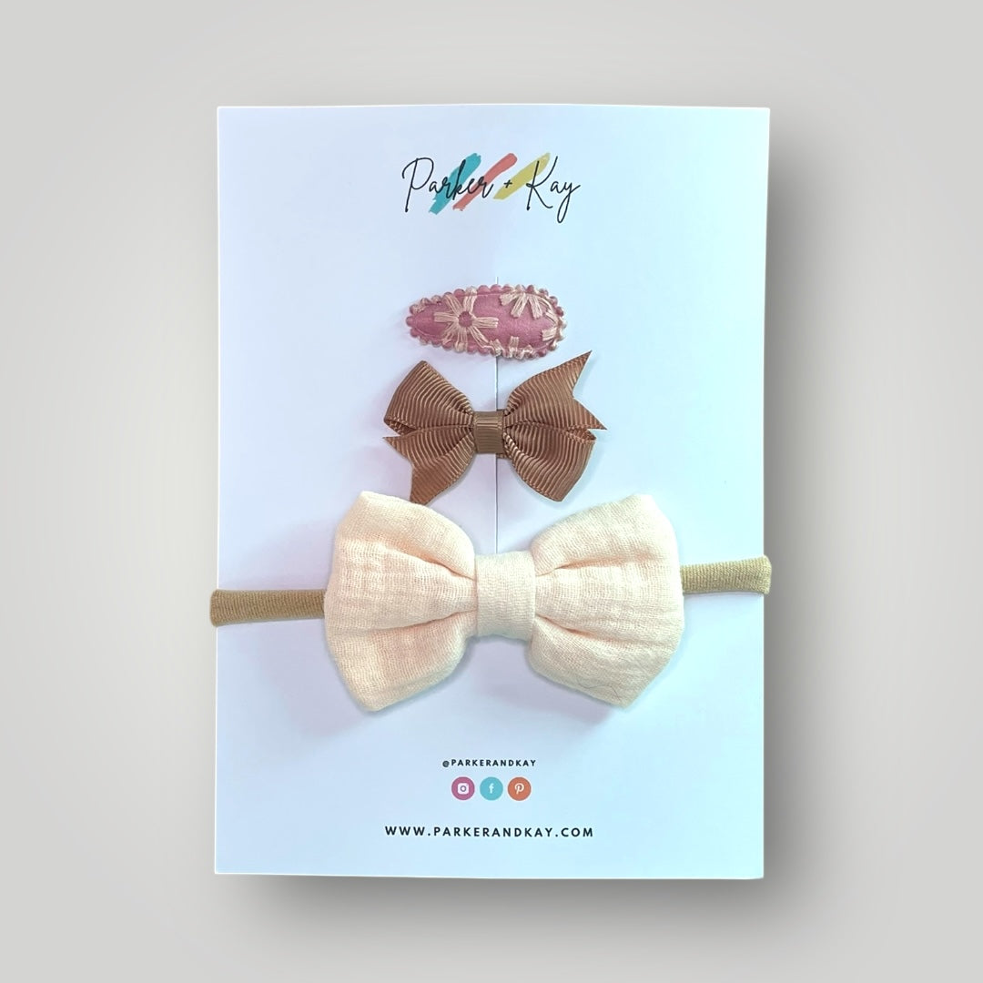 Muslin Bow Headband and Clips Set