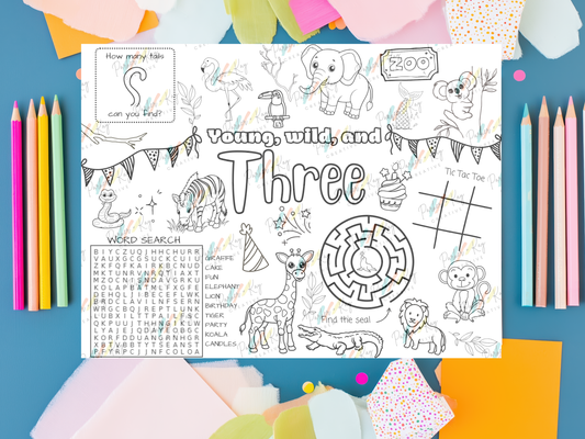 Young, Wild & Three Birthday Activity Sheet for Kids